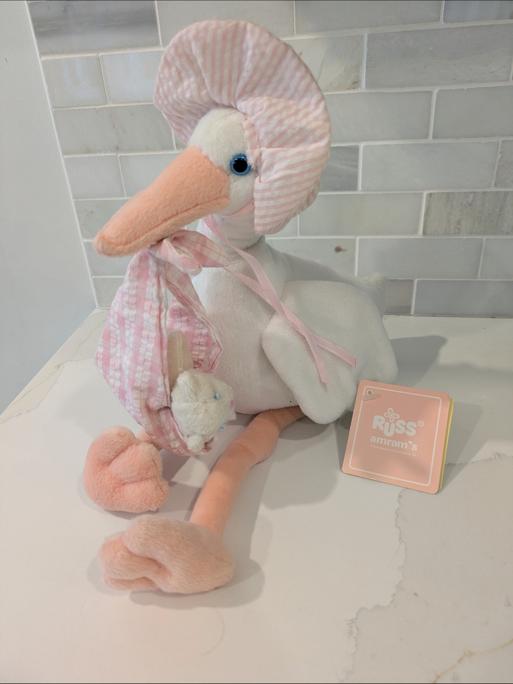 Vintage Russ Pink Plush Stork with Baby - Soft Baby Shower Gift